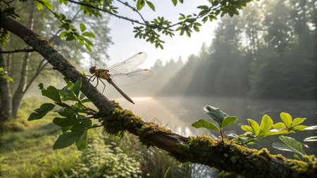 Dragonfly on a branch in the morning mist over a lake.の写真素材