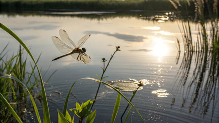 dragonfly on the lake in the morning sun. beautiful nature backgroundの写真素材