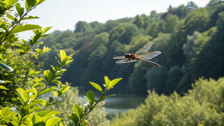 Dragonfly on the background of the forest and lake in the summer