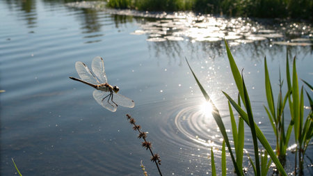 dragonfly sitting on a twig in the rays of the setting sunの写真素材
