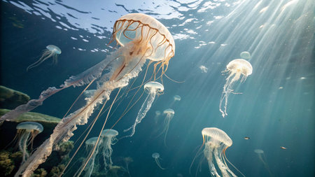 Jellyfish in the deep blue sea with sun rays and lens flareの写真素材