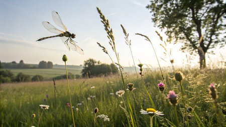 Dragonfly on a flower meadow in the morning sun. Beautiful summer landscape.