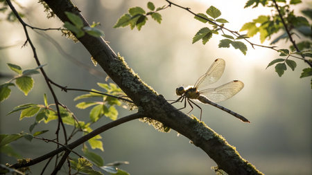 dragonfly on a branch in the forest in the rays of the setting sunの写真素材