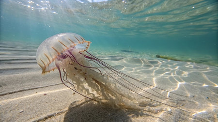 Jellyfish on the sandy beach of the Caribbean Sea in Belizeの写真素材
