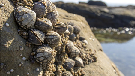 Close up of a group of barnacles on a rock by the seaの写真素材