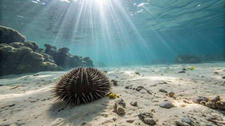 Underwater view of sea urchin and coral reef with sunlightの写真素材