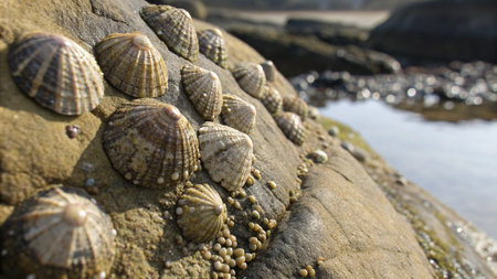 Seashells on a rock at low tide in the seaの写真素材