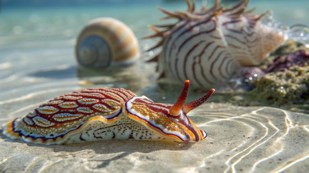 Nudibranchs on the beach with shells in the backgroundの写真素材