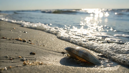Seashell on the beach at sunset. Selective focus.