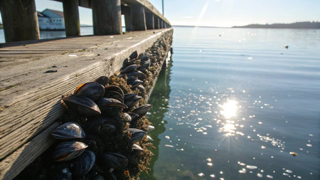 Mussels on a wooden pier in Lake Constance, Germany.の写真素材