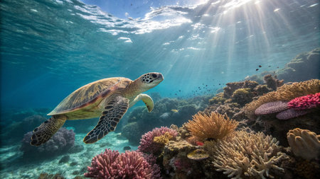 Hawaiian Green Sea Turtle swimming over a coral reef in Hawaiiの写真素材
