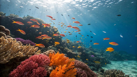 Colorful and beautiful underwater world with corals and tropical fish.の写真素材