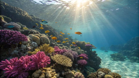 Underwater view of coral reef with fishes and corals at sunriseの写真素材