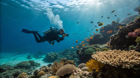 Scuba diver exploring the coral reef and marine fish in the Red Seaの写真素材