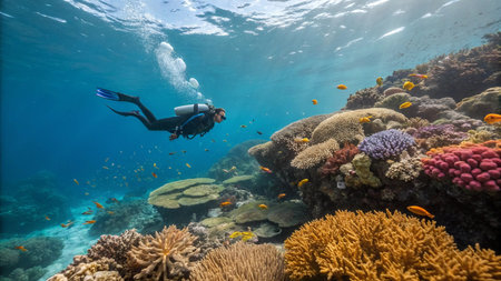 Scuba diver at the bottom of a tropical coral reef with fishの写真素材
