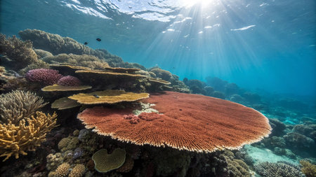 Underwater view of coral reef with hard corals and tropical fish