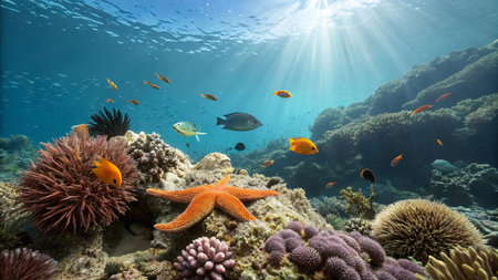 Underwater view of the coral reef with tropical fish and starfishの写真素材