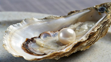 Opened oyster shell with pearl on a wooden table.の写真素材
