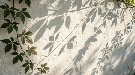 Green leaves on the white wall with shadow of the tree and sunlight