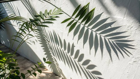 Shadow of palm leaves on the white wall in the garden, summer background