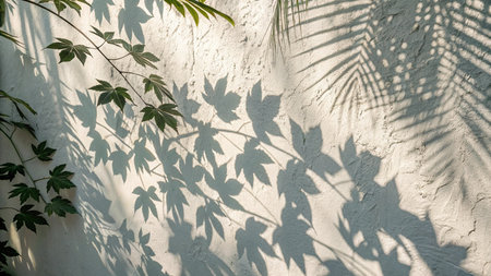 shadow of leaves on a white wall with shadow of palm leaves.