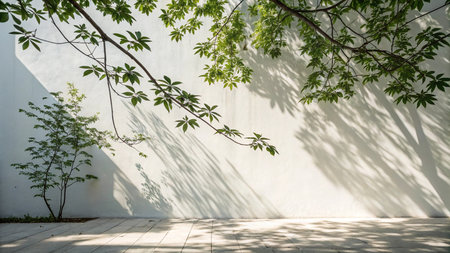 green leaf on white wall and shadow of tree in garden with sunlight