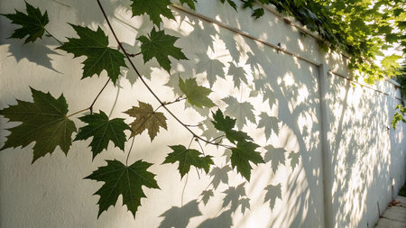 Green leaves on a white wall in a sunny summer day in the garden