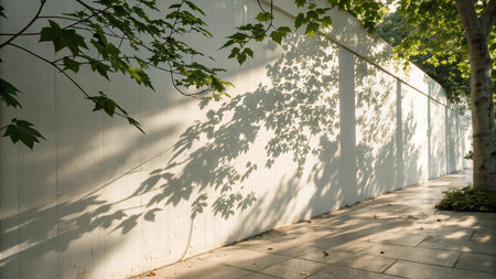 White wall with shadow of the tree on the ground in the park
