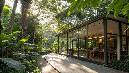 Restaurant in a tropical forest at sunrise. Bali, Indonesia