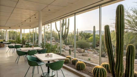 Interior of a modern restaurant with green chairs and cactiの写真素材