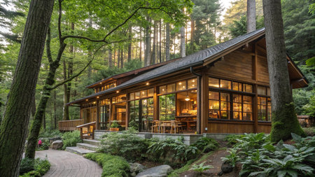 Wooden house in the forest with a walkway and green trees
