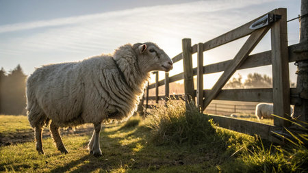 Sheep in the meadow at sunset with a fence in the backgroundの写真素材
