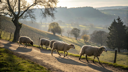 Sheep on a country road in the early morning light, Englandの写真素材