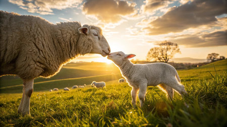Sheep and lamb in the meadow at sunset, England.