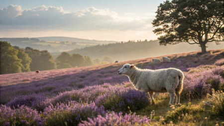 Sheep grazing in a field of blooming heather at sunriseの写真素材