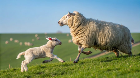 Sheep and lamb running across a green meadow in springtime