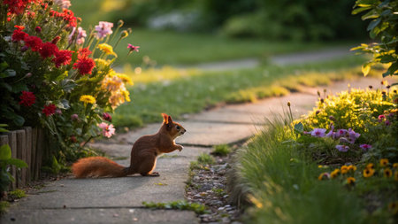 Squirrel in the garden with flowers in the background. Autumn season.の写真素材