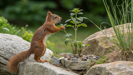 Squirrel eating a plant on a rock with a blurred background.