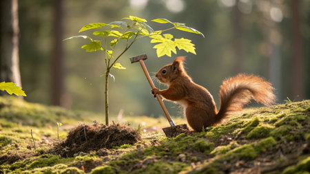 Squirrel with a sledgehammer on a green mossy groundの写真素材