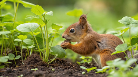 Eurasian red squirrel (Sciurus vulgaris) eating a nut