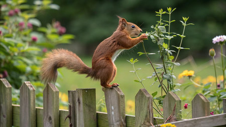 Eurasian red squirrel (Sciurus vulgaris) on a fence