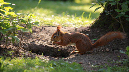Squirrel in the park on a sunny summer day. Eurasian red squirrel, Sciurus vulgarisの写真素材
