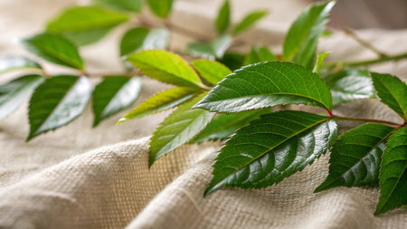 Green leaves on a linen cloth, close-up, selective focus