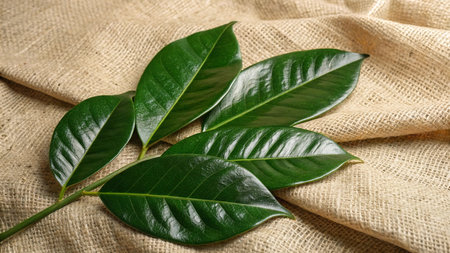 Ficus elastica (Ficus carica) leaves on sackcloth background