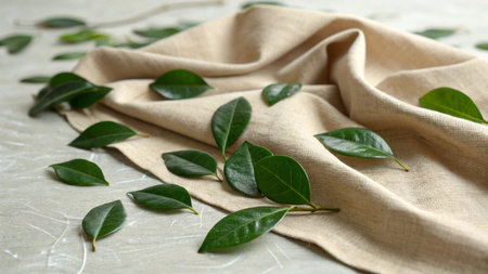 Green leaves with cloth on light table, closeup. Space for text