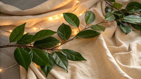 Christmas garland with light bulbs on fabric, closeup. Space for textの写真素材