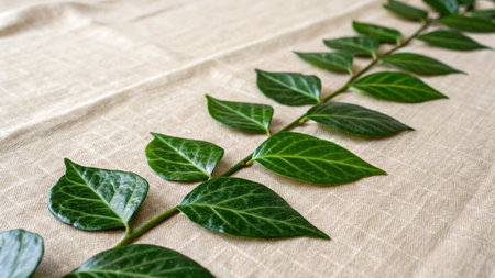 Green leaves on a linen tablecloth with copy space for text.の写真素材