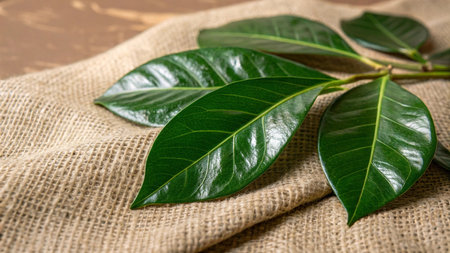 Green leaves on sackcloth background. Ficus elastica or rubber plant.