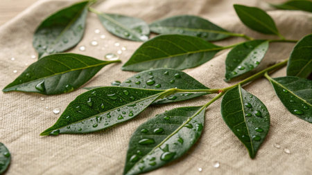 Green leaves with water drops on sackcloth, closeup. Natural backgroundの写真素材