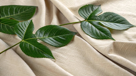 Green leaves on beige fabric, closeup. Space for textの写真素材